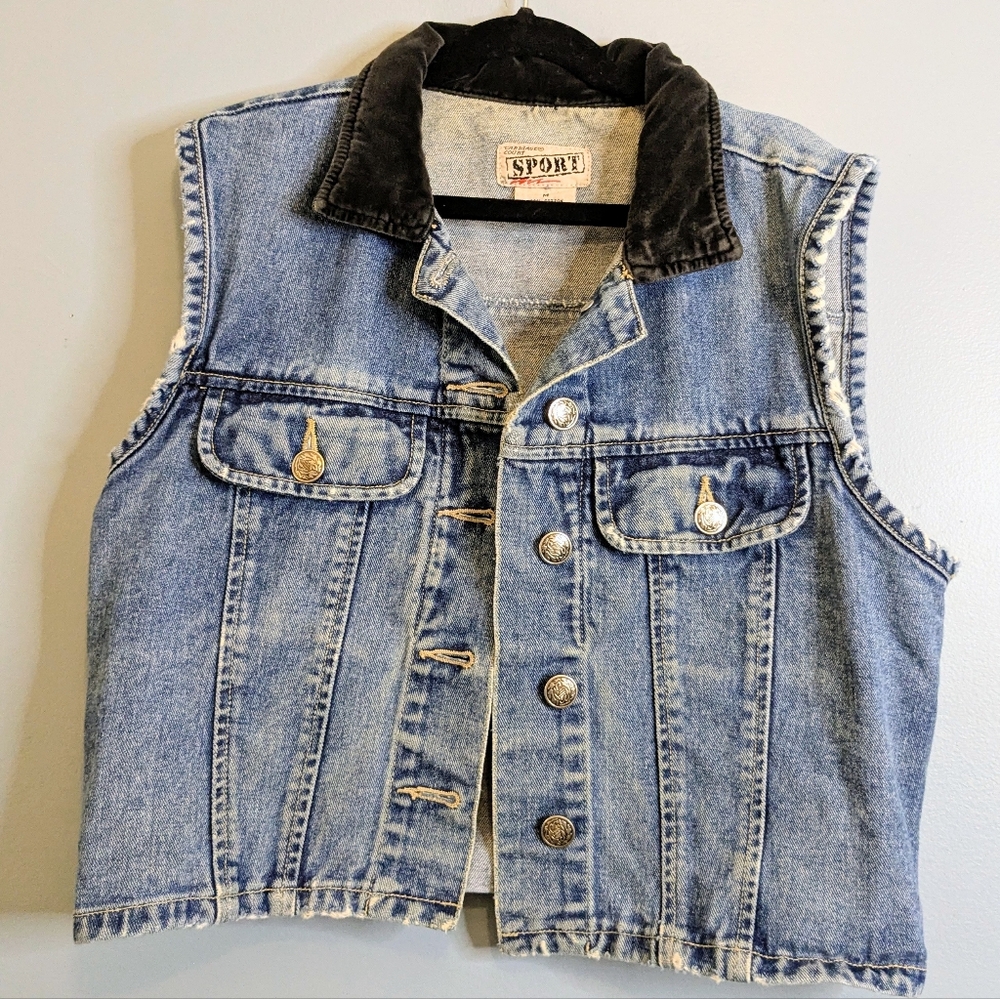 Vintage 90s Carriage Court Sport Denim And Velveteen Distressed Vest Size Medium